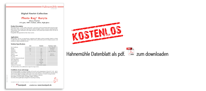 Hahnemühle PhotoRag Baryta FineArt InkJet Papier Datenblatt kostenlos downloaden